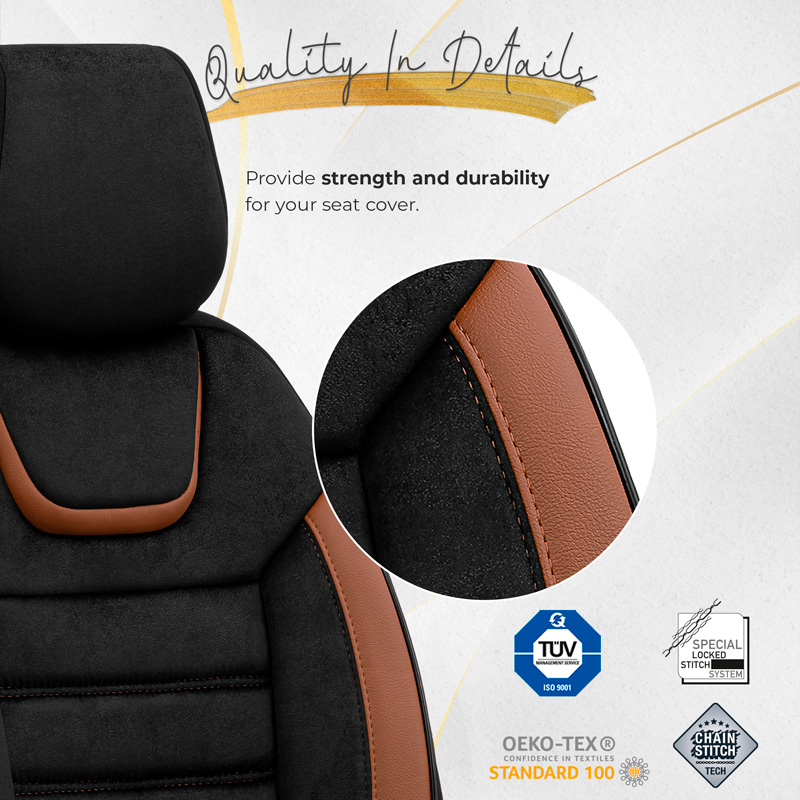 Universele Suede/Leder/Stoffen Stoelhoezenset 'Iconic' Zwart/Terracotta - 11-delig - geschikt voor Side-Airbags