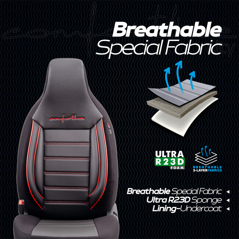 Universele Leder/Stoffen 'CityBug' Stoelhoezenset 'Comfortline' Zwart/Rood - 9-delig - geschikt voor Side-Airbags
