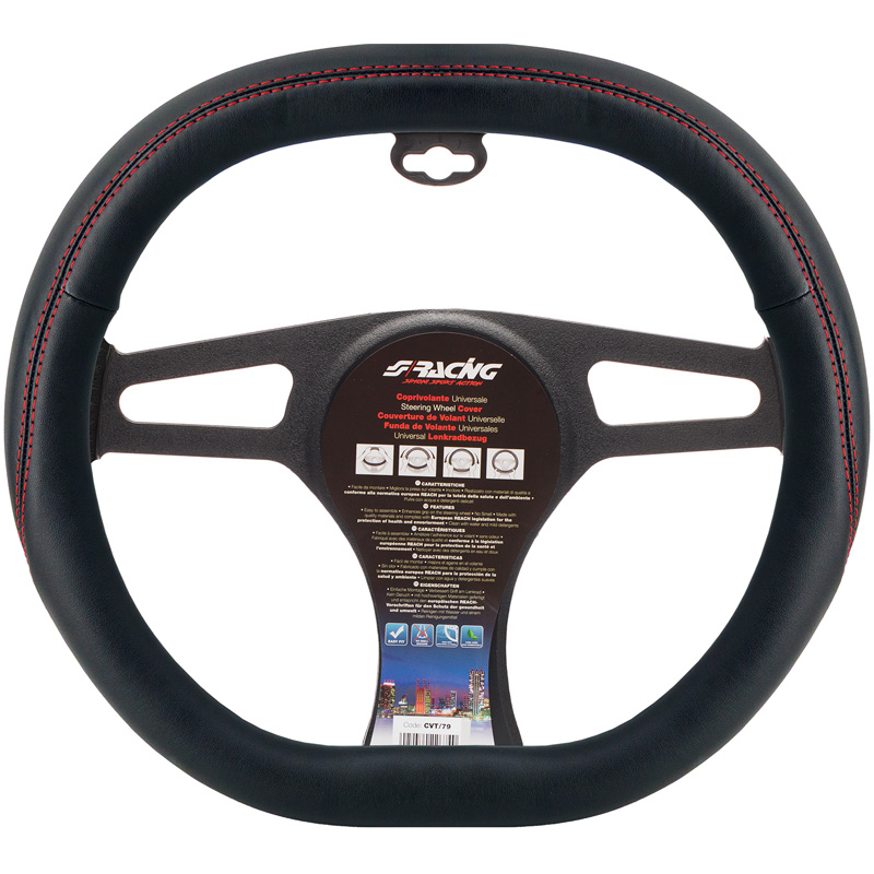 Simoni Racing Stuurwielhoes F&F - Zwart Eco-Leder + Rode Stiksels - 37-39cm - vierkante vorm