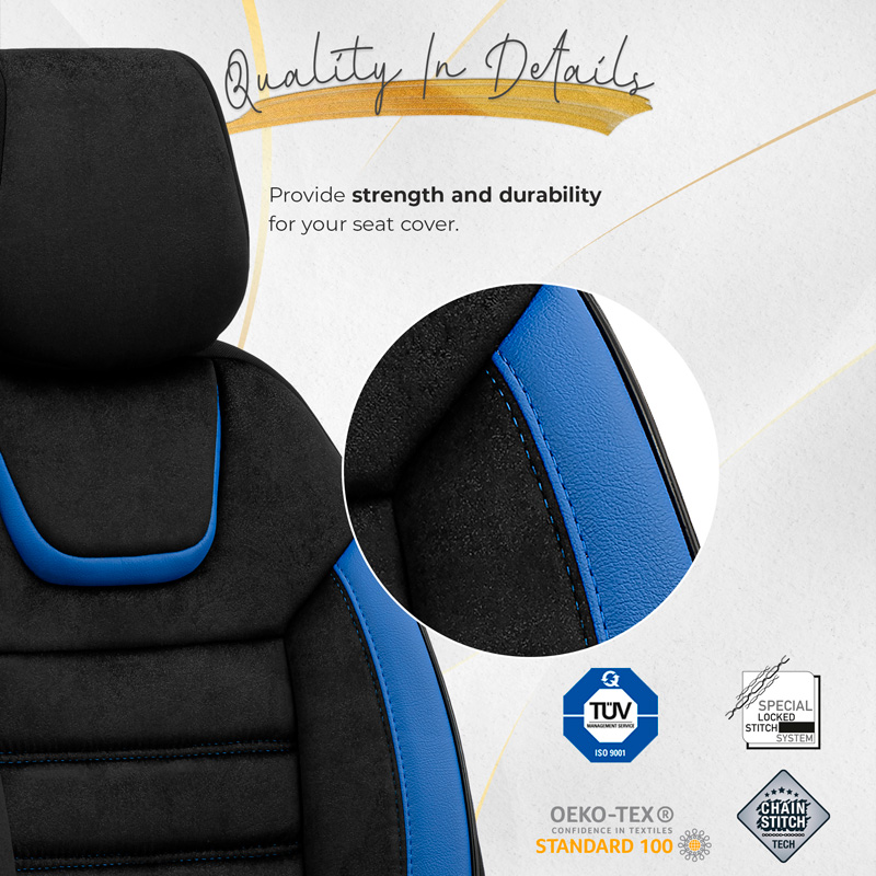 Universele Suede/Leder/Stoffen Stoelhoezenset 'Iconic' Zwart/Blauw - 11-delig - geschikt voor Side-Airbags