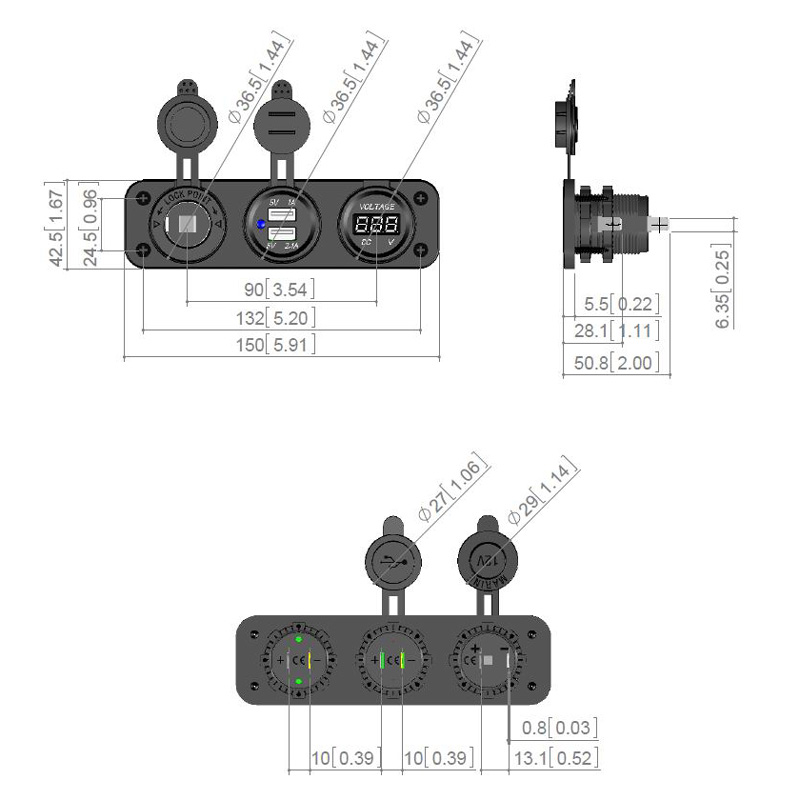 Inbouw USB Adapter 3-in-1 2xUSB 5V-2,1A&1A/Voltmeter/Sigarettenaansteker/Input 12V-24V
