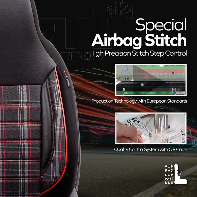 Universele Stoffen 'CityBug' Stoelhoezenset 'Sports' Zwart/Grijs/Rood - 9-delig - geschikt voor Side-Airbags