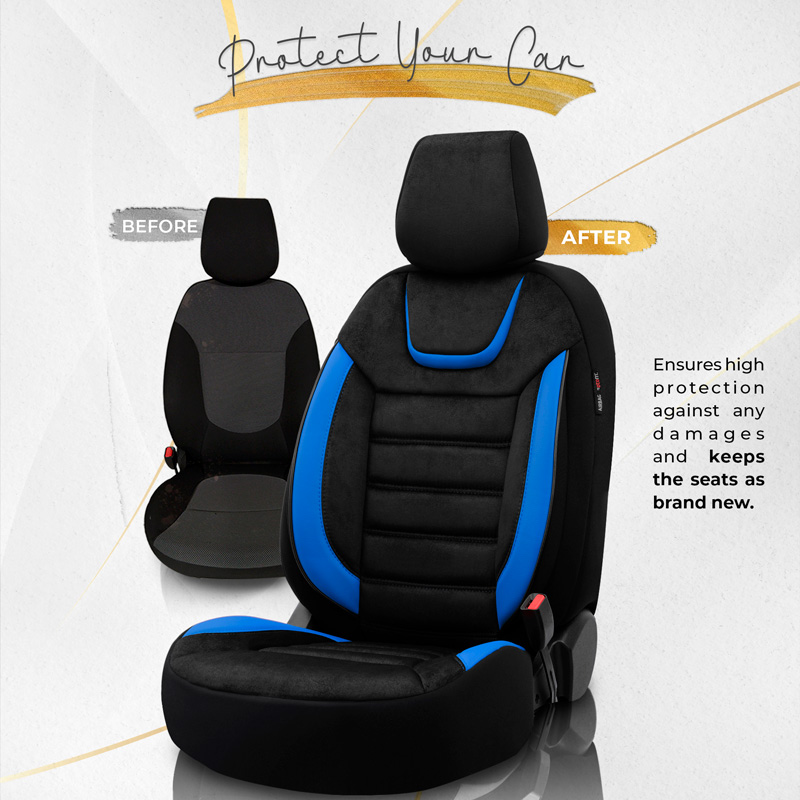 Universele Suede/Leder/Stoffen Stoelhoezenset 'Iconic' Zwart/Blauw - 11-delig - geschikt voor Side-Airbags
