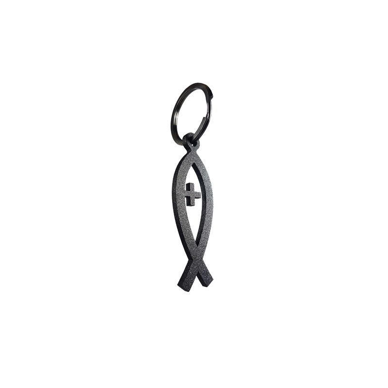 RVS sleutelhanger - 'Ichthus-teken' (Zwart, glitter)