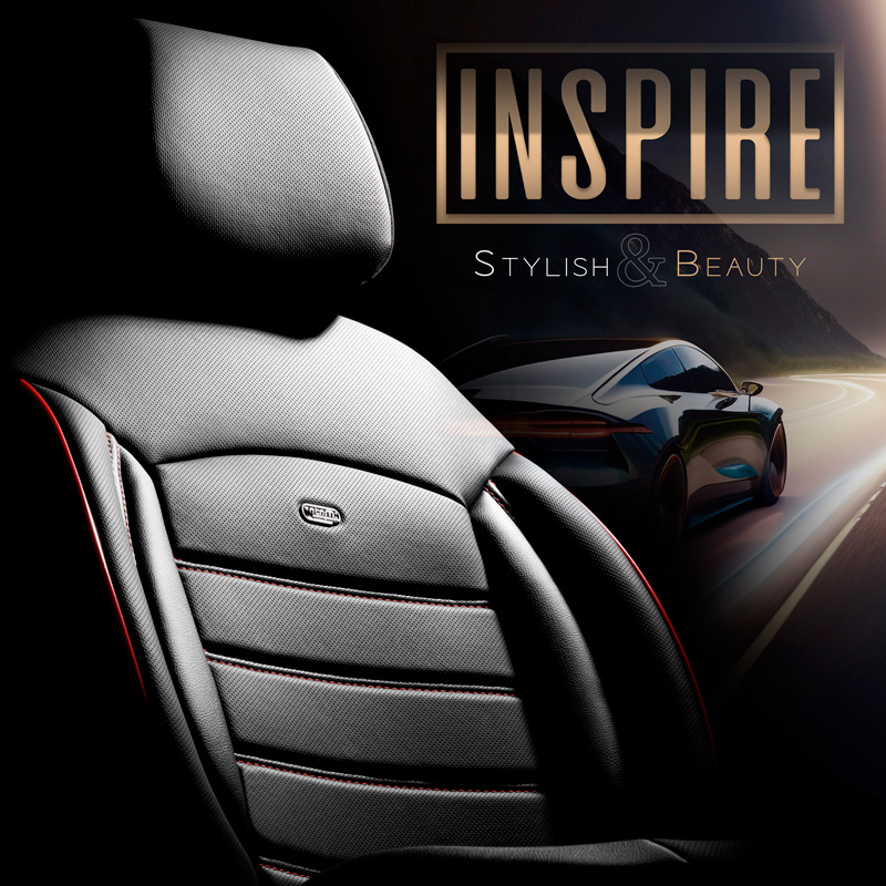 Universele Volleder Stoelhoezenset 'Inspire' Zwart + Rode rand - 11-delig - geschikt voor Side-Airbags