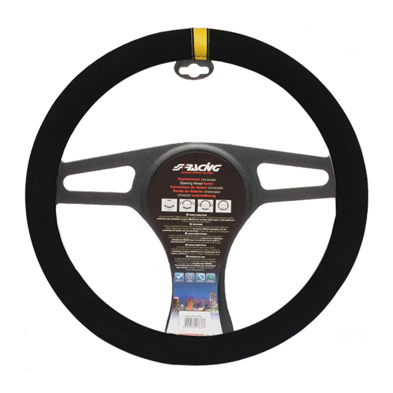 Simoni Racing Stuurwielhoes Carrera Look - Zwart Microvezel + Gele Markering - 37-39cm