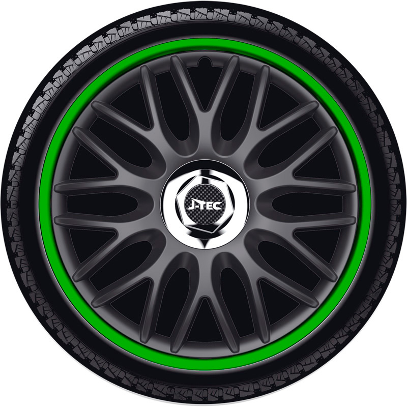 4-Delige J-Tec Wieldoppenset Orden R 15-inch zwart/groen + chroom ring