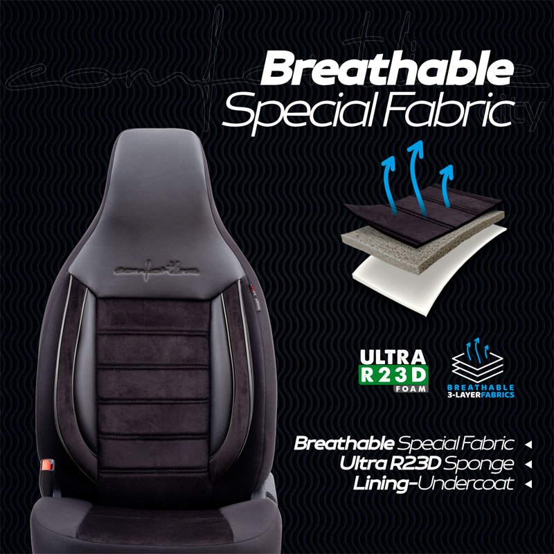 Universele Velours/Stoffen 'CityBug' Stoelhoezenset 'Comfortline' Zwart/Grijs - 9-delig - geschikt voor Side-Airbags