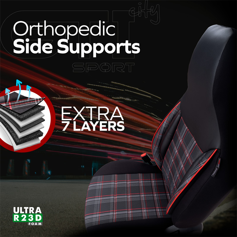 Universele Stoffen 'CityBug' Stoelhoezenset 'Sports' Zwart/Grijs/Rood - 9-delig - geschikt voor Side-Airbags