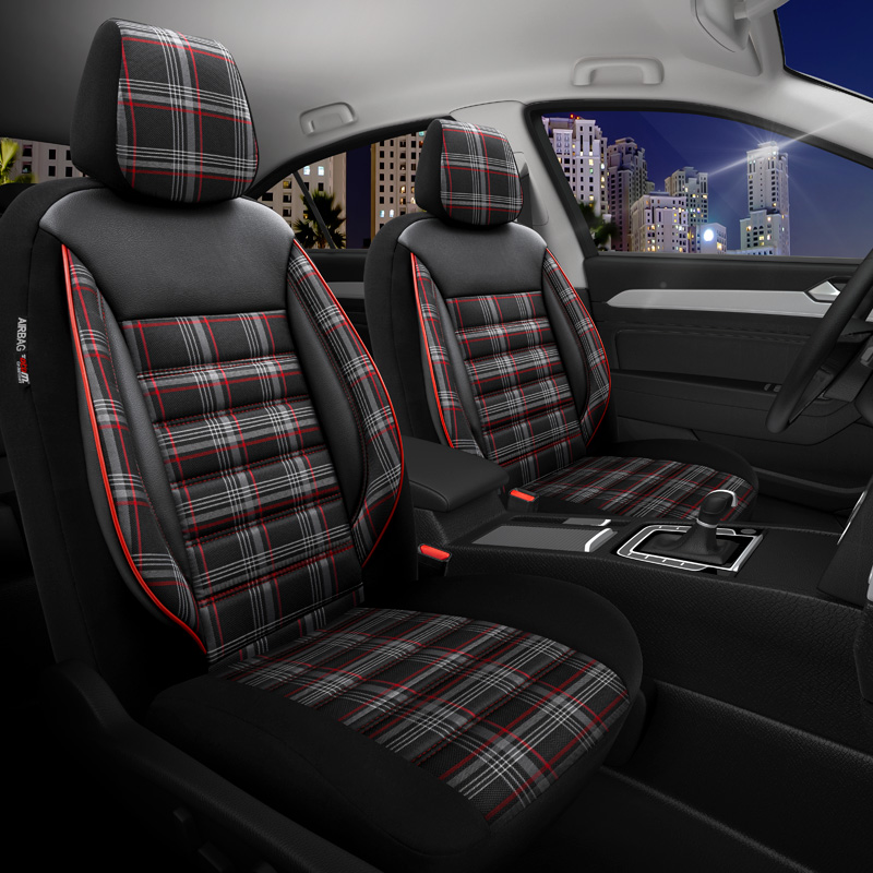 Universele Stoffen Stoelhoezenset 'Sports' Zwart/Grijs/Rood - 11-delig - geschikt voor Side-Airbags