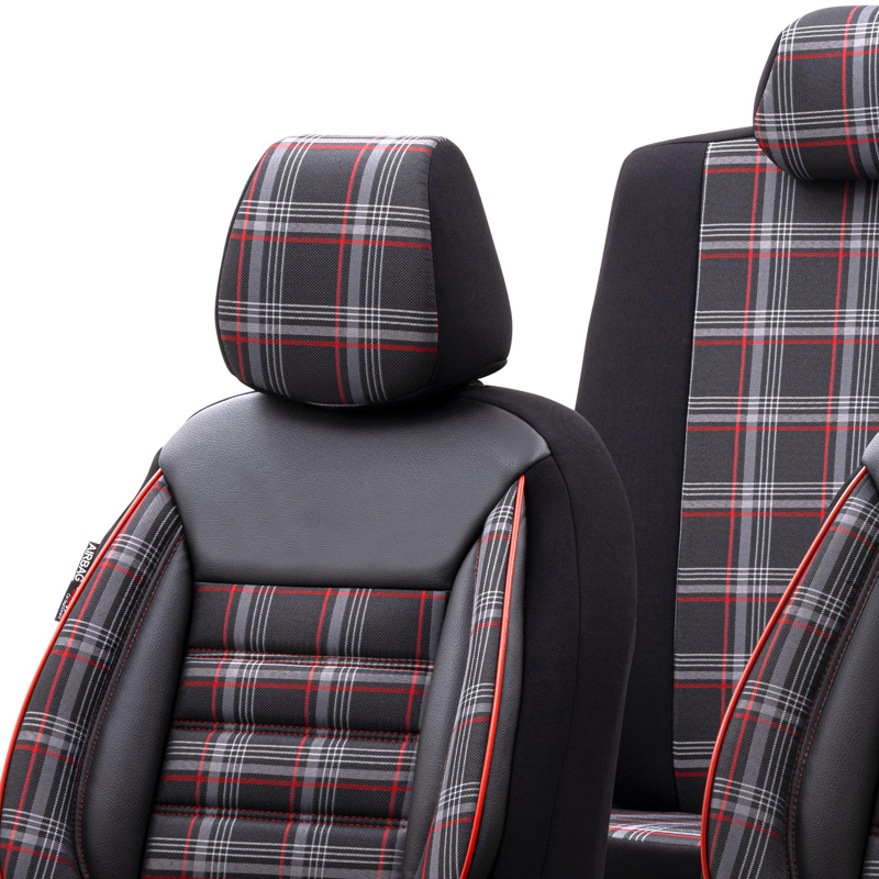 Universele Stoffen Stoelhoezenset 'Sports' Zwart/Grijs/Rood - 11-delig - geschikt voor Side-Airbags