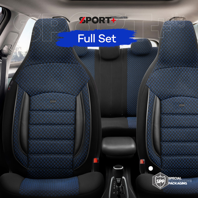 Universele Stoffen 'CityBug' Stoelhoezenset 'Sport Plus' Zwart/Blauw - 9-delig - geschikt voor Side-Airbags