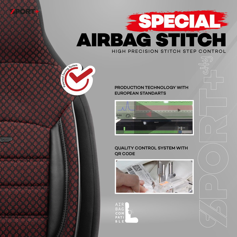 Universele Stoffen 'CityBug' Stoelhoezenset 'Sport Plus' Zwart/Rood - 9-delig - geschikt voor Side-Airbags