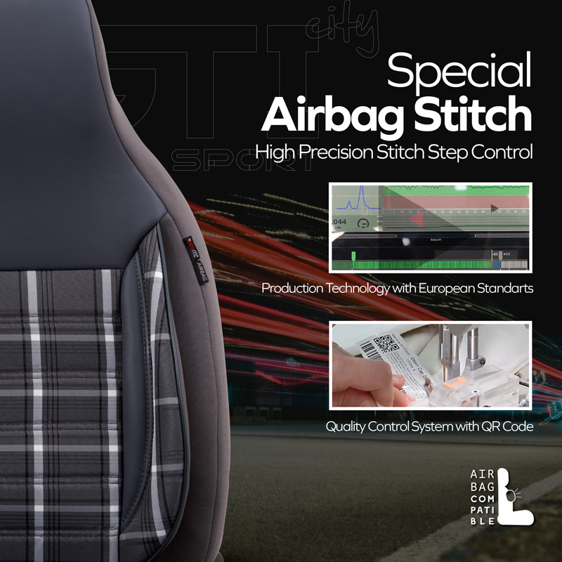 Universele Stoffen 'CityBug' Stoelhoezenset 'Sports' Zwart/Grijs/Wit - 9-delig - geschikt voor Side-Airbags
