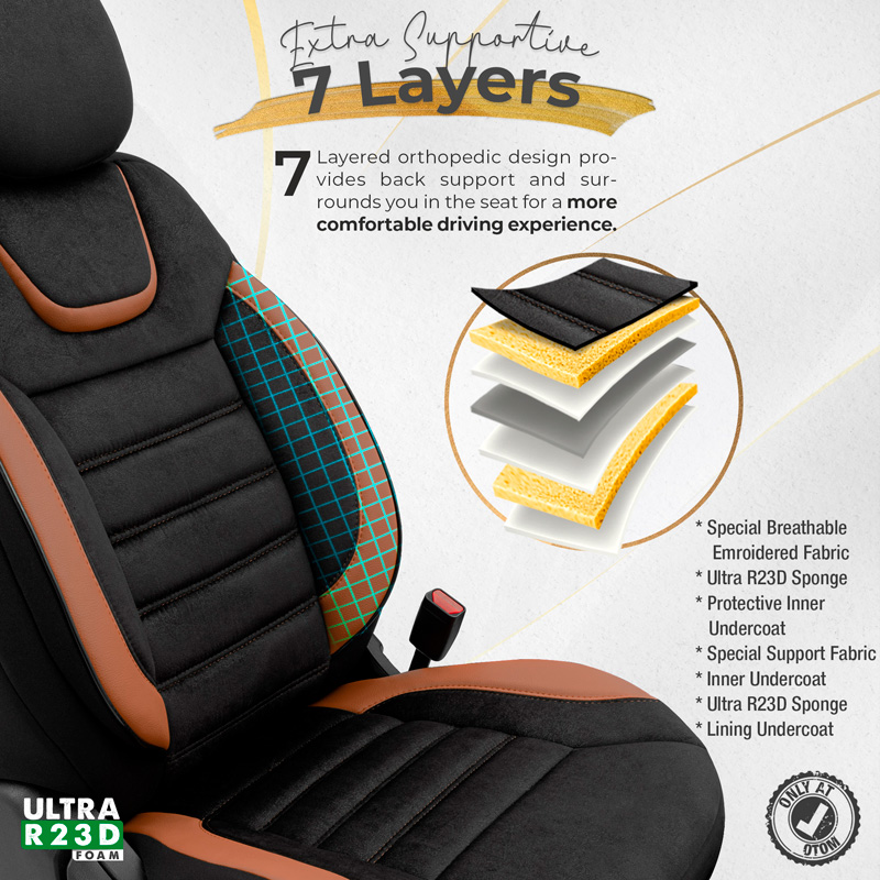 Universele Suede/Leder/Stoffen Stoelhoezenset 'Iconic' Zwart/Terracotta - 11-delig - geschikt voor Side-Airbags
