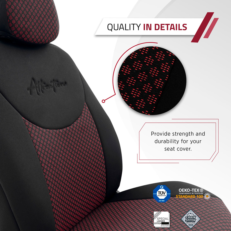 Universele Stoffen Stoelhoezenset 'Attraction' Zwart/Bordeaux Rood - 11-delig - geschikt voor Side-Airbags