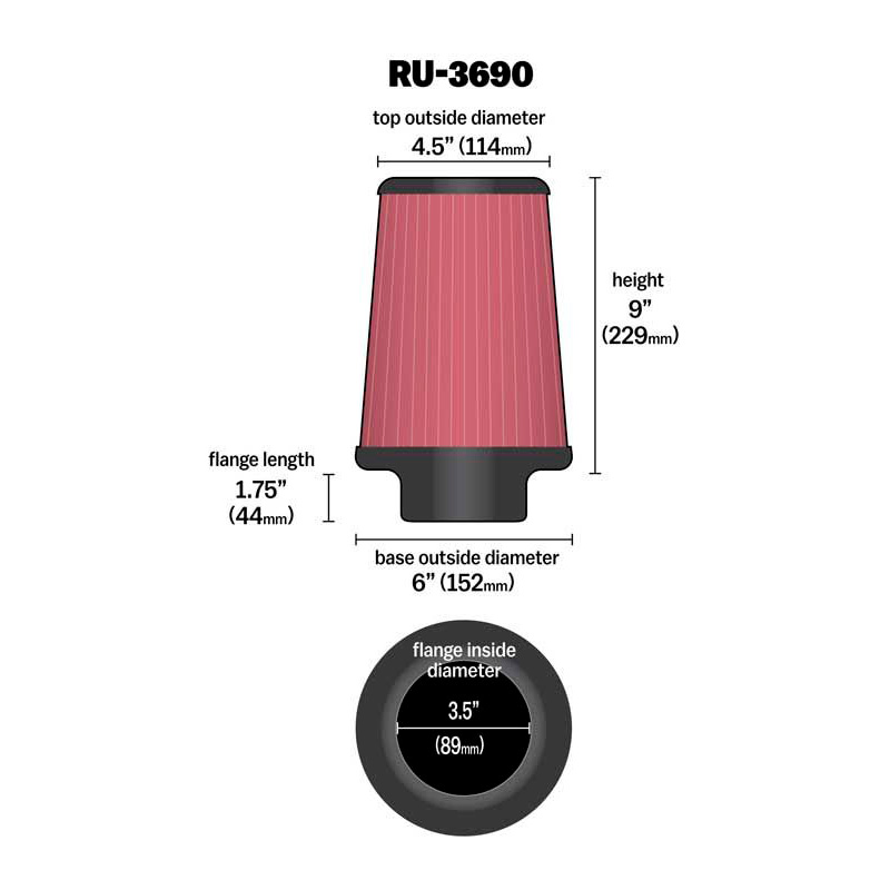 K&N Universeel Luchtfilter Konisch 89mm aansluiting, 152mm onder, 114mm top, 229mm hoogte (RU-3690)