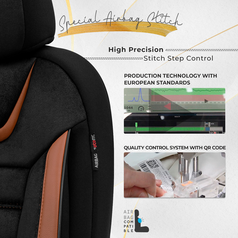 Universele Suede/Leder/Stoffen Stoelhoezenset 'Iconic' Zwart/Terracotta - 11-delig - geschikt voor Side-Airbags