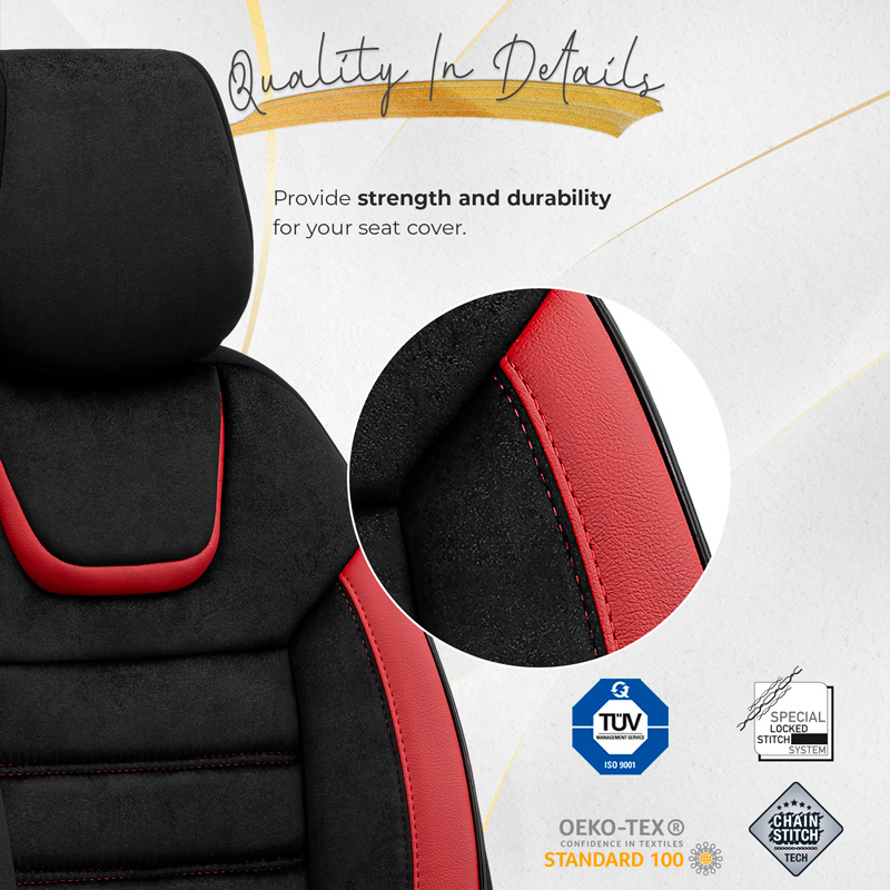 Universele Suede/Leder/Stoffen Stoelhoezenset 'Iconic' Zwart/Rood - 11-delig - geschikt voor Side-Airbags