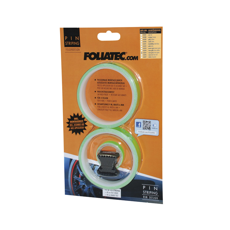 Foliatec PIN Striping voor velgen incl. montage hulpstuk - neon groen - 4 strips 6mmx2,15meter & 1 testrol 6mmx40cm