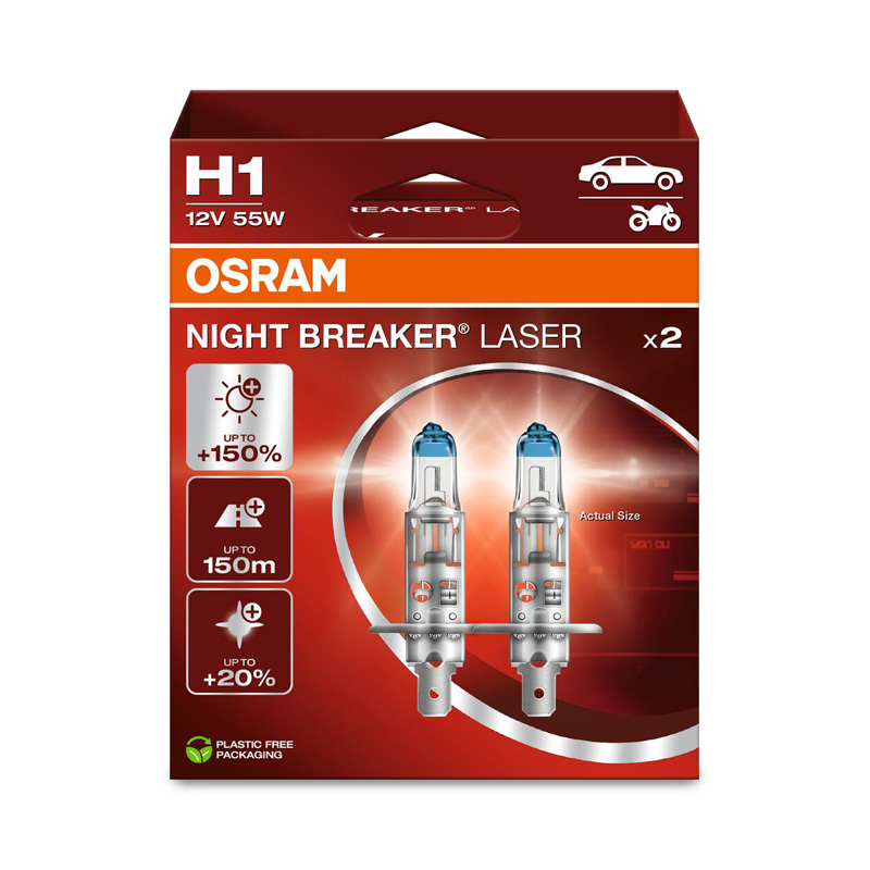 Osram Night Breaker Laser Halogeen lampen - H1 - 12V/55W - set à 2 stuks