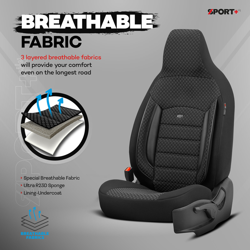 Universele Stoffen 'CityBug' Stoelhoezenset 'Sport Plus' Zwart - 9-delig - geschikt voor Side-Airbags