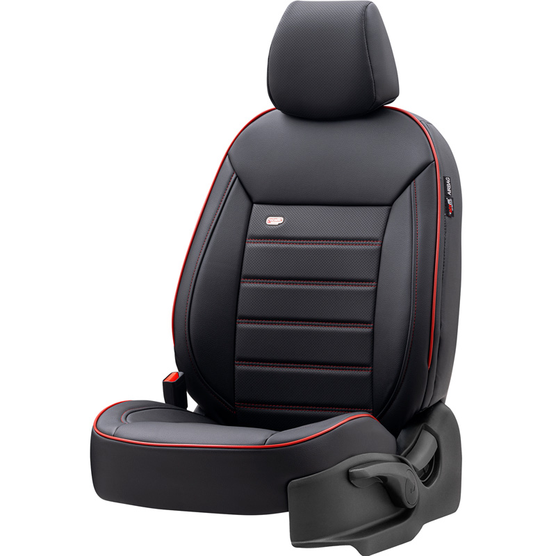 Universele Volleder Stoelhoezenset 'Premium' Zwart + Rode rand - 11-delig - geschikt voor Side-Airbags