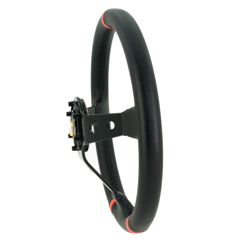 Universeel sportstuur 'Deep-Dish' - Ø350mm - Zwart PVC-Leder + Zwarte spaken + Rode Strepen