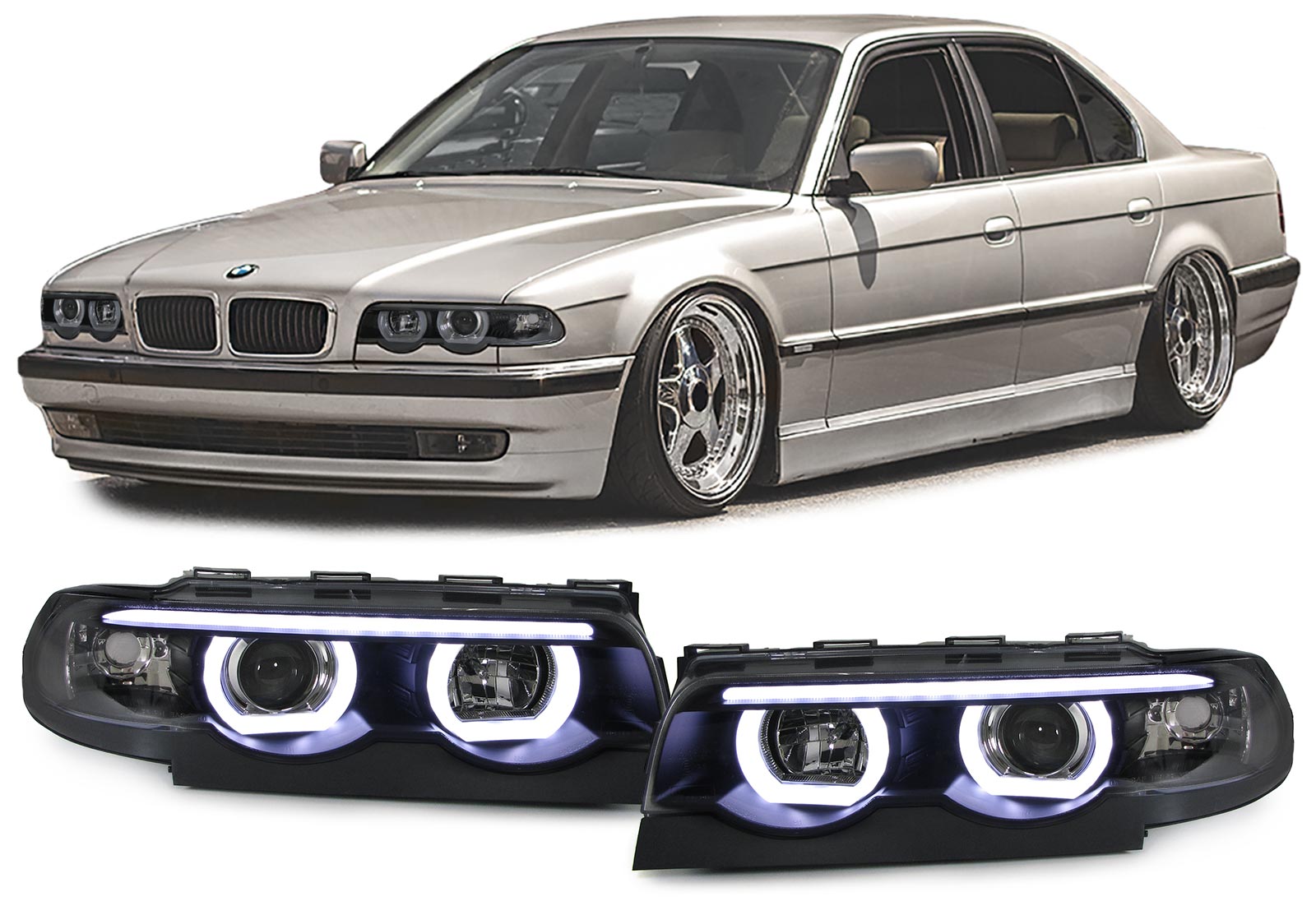 Faros BMW E38 94-01 3D LED Halo Rims Black
