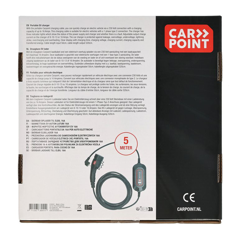 Carpoint 230V Draagbare Lader Type 2 Elektrische Auto 1-Fase 8-16A
