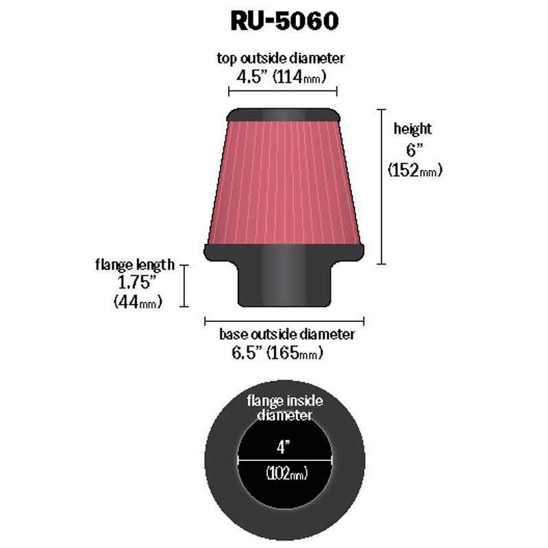 K&N Universeel Luchtfilter Konisch 102mm aansluiting, 165mm onder, 114mm top, 152mm hoogte (RU-5060)