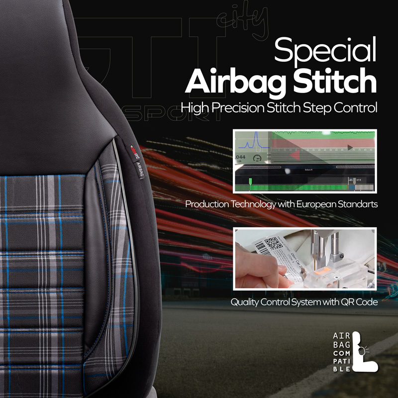 Universele Stoffen 'CityBug' Stoelhoezenset 'Sports' Zwart/Grijs/Blauw - 9-delig - geschikt voor Side-Airbags