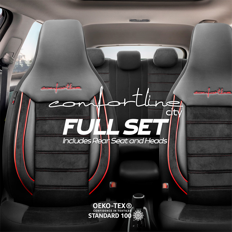 Universele Velours/Stoffen 'CityBug' Stoelhoezenset 'Comfortline' Zwart/Rood - 9-delig - geschikt voor Side-Airbags