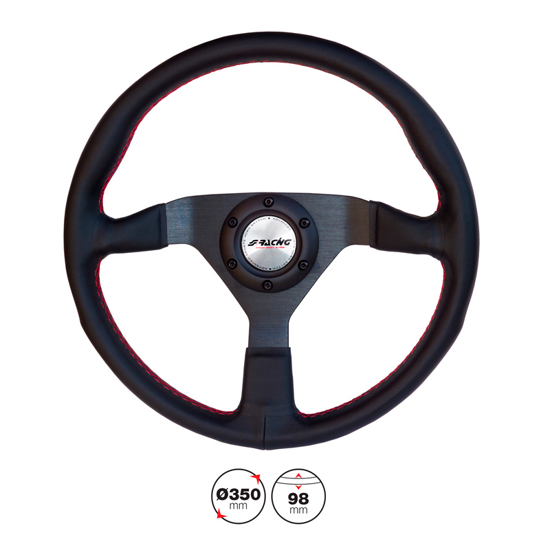 Simoni Racing Universeel Sportstuur Nob - Zwart Leder + Rode Stiksels - Diameter 350mm