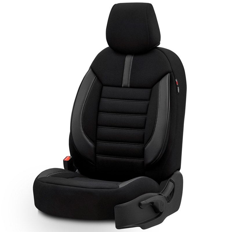 Universele Stoffen/Leder Stoelhoezenset 'Limited' Zwart + Grijze stiksels - 11-delig - geschikt voor Side-Airbags