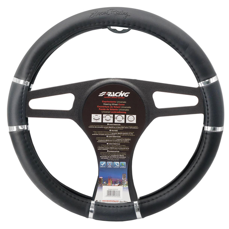 Simoni Racing Stuurwielhoes Chroom&Zwart - Zwart Eco-Leder/Chroom - 37-39cm
