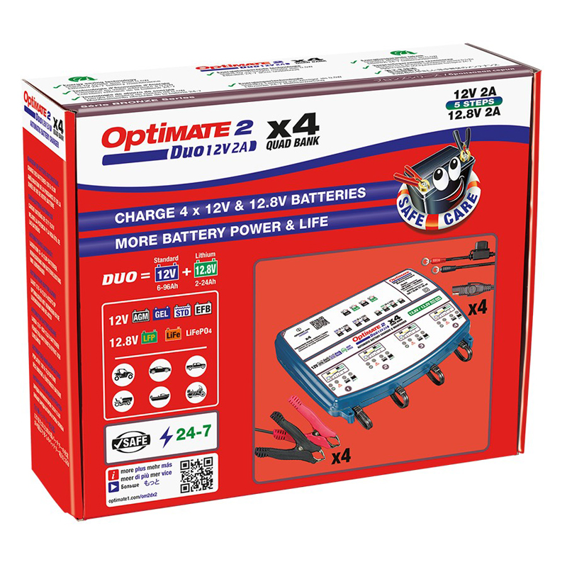 OptiMate 2 DUO x 4 BANK - 12V / 12,8V 2-Amp Acculader / tester / onderhouder