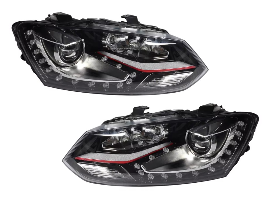 Headlights VW Polo 6R 09- DRL black/red Facelift look