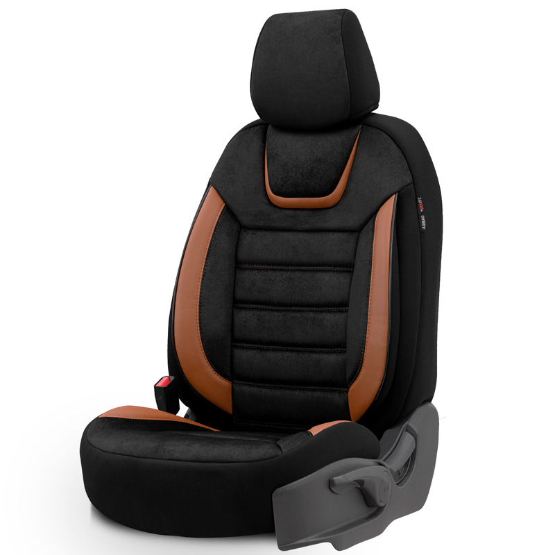 Universele Suede/Leder/Stoffen Stoelhoezenset 'Iconic' Zwart/Terracotta - 11-delig - geschikt voor Side-Airbags