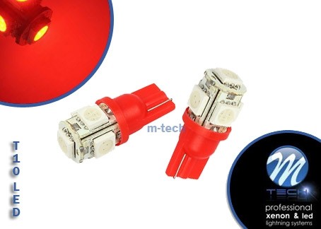 M-tech L054 rood LED T10 12v 5x SMD5050 2 stuks
