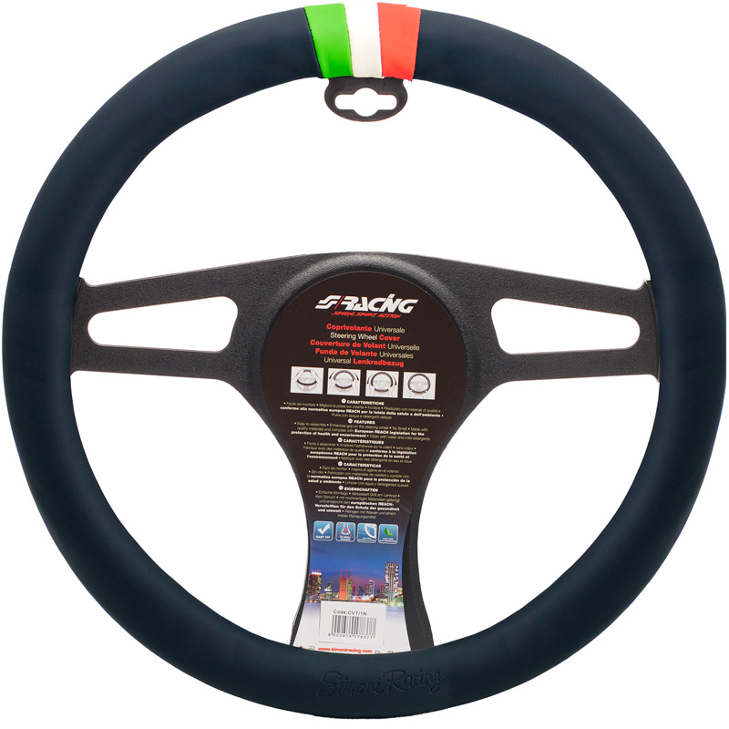 Simoni Racing Stuurwielhoes Pretty - Zwart Eco-Leder & Italiaanse vlag - 37-39cm